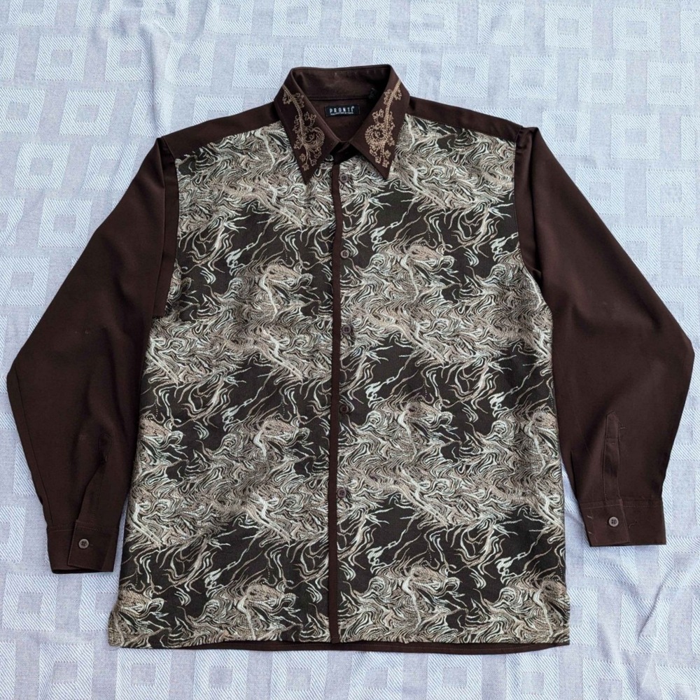 Pronti Collection By Phita Mens Fully Embroided Long Sleeve Button Up XL